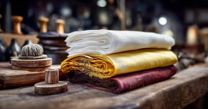 A close study of period textiles &mdash; woven tunic folds and cloak hems &mdash; macro pan across fabric