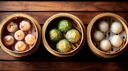 Steamed dumplings in bamboo baskets on a wooden table, showcasing vibrant colors and textures