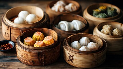 A vibrant assortment of dim sum in bamboo steamers on a rustic wooden table, with spices