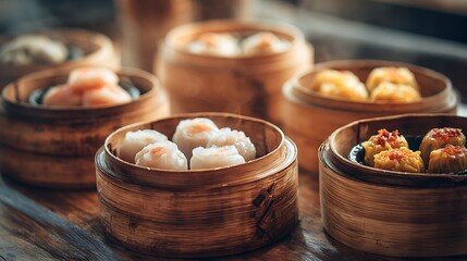 A vibrant display of assorted dim sum in bamboo steamers, set in a cozy restaurant atmosphere