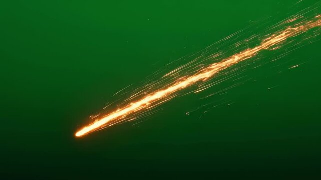 Intense meteor streak with luminous trailing flame bursts set against green screen for layered compositing in adventure or spacethemed video projects.