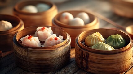 A beautifully arranged selection of dim sum in bamboo steamers on a wooden table with soft lighting
