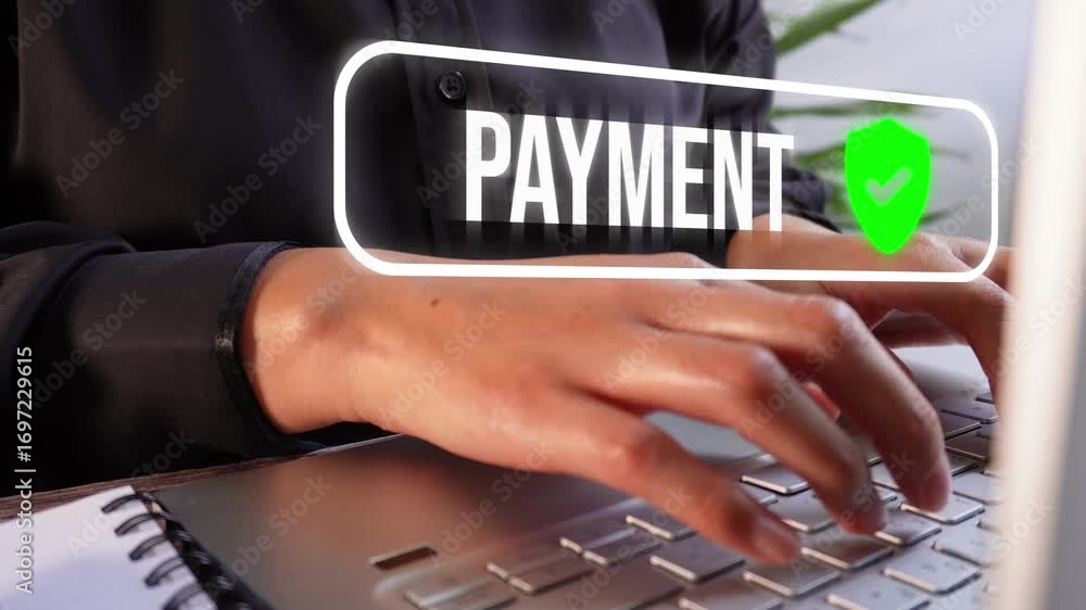 Poster secure payment. detail of a woman's hands typing on a laptop, with an animation of a 