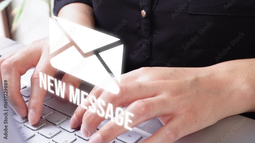 Poster receiving a new message. close-up of a businesswoman's hands working on her computer, with an animat