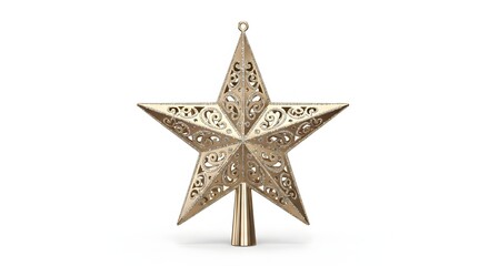 Ornate golden star tree topper with intricate filigree pattern isolated on white