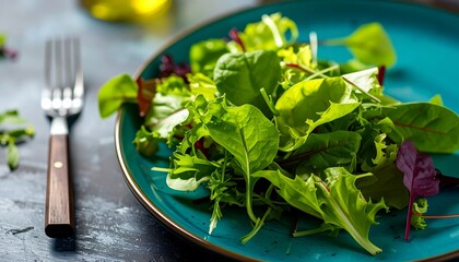 Fresh mixed greens salad on a teal plate (1)