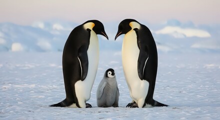 Obraz premium Emperor penguin family standing together on the snow in antarctica with icebergs in the background at sunset