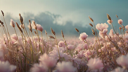 Dreamy Pink Flower Field in Morning Mist or Fog ,  A magical and serene close-up of a wide field of delicate, pink wildflowers and wild grasses bathed in the soft light of dawn or sunset. 