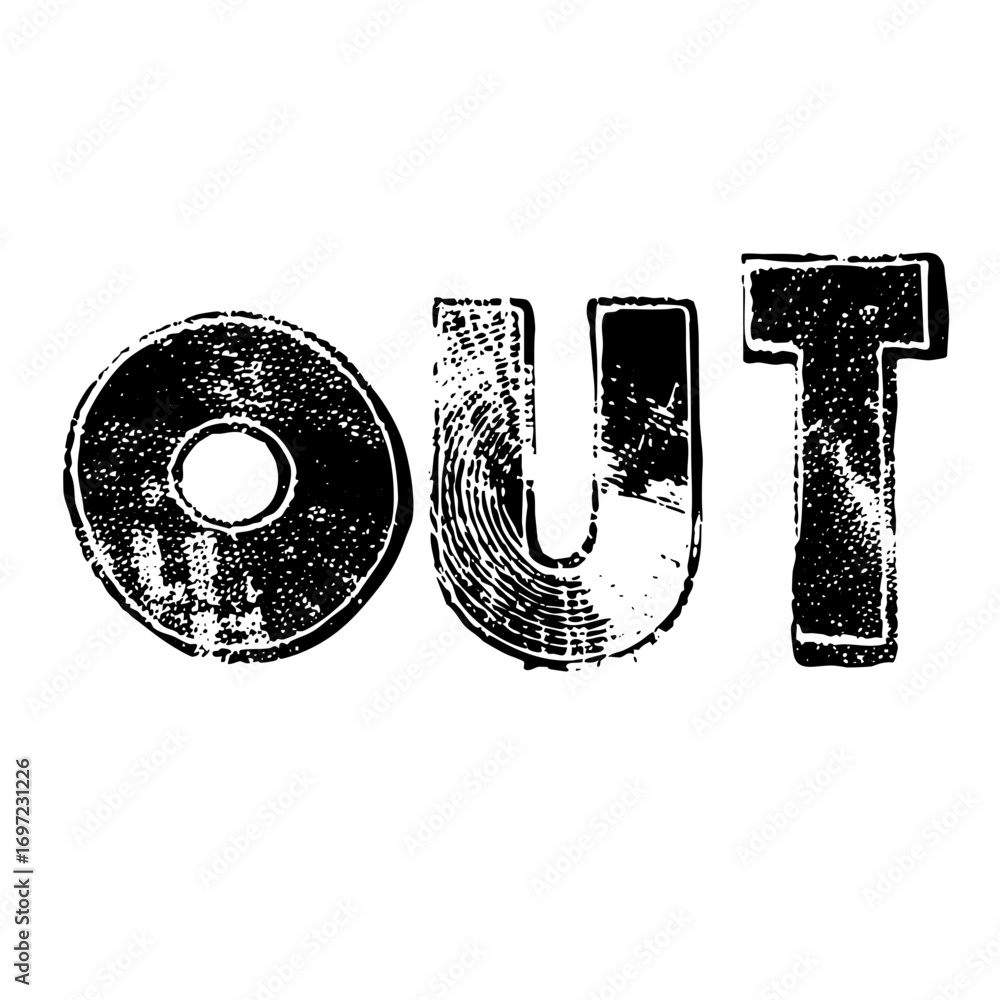 Poster vector bold typographic featuring the word out with a circular element.