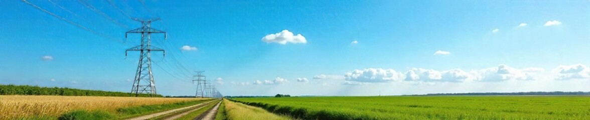 Fototapeta premium High-voltage power lines stretch across a bright, cloudless sky, stark white against the vibrant blue Clean energy infrastructure, electricity transmission, rural landscape , transmission, landscape