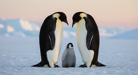 Fototapeta premium Emperor penguin family standing on the snow in antarctica at sunset with iceberg in the background