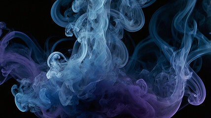 Dense Blue and Violet Smoke Cloud Diffusion on Black Background ,  An intense, high-resolution abstract photograph capturing a dense cloud of smoke diffusing and swirling against a solid black backgro