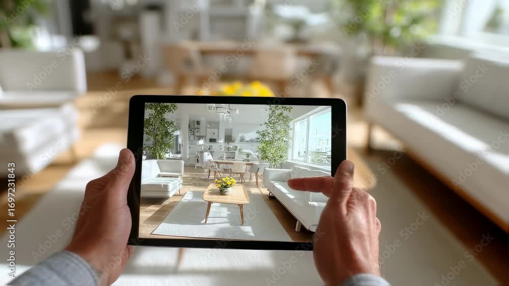 Aufkleber medium shot of a person using a tablet to place virtual furniture in a living room with the realisti