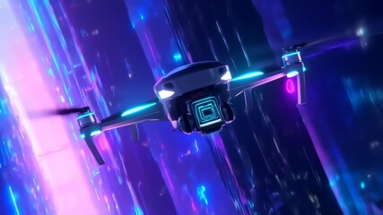 A futuristic drone navigates a vibrant neon cityscape - Powered by Adobe