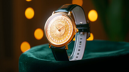 Luxury wristwatch gold dial gemstone bezel leather strap green velvet bokeh lights close up elegant classic timepiece premium analog round case ornate craftsmanship shiny polished fashion men