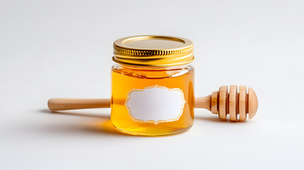 Honey jar wooden dipper glass container golden honey blank label metal lid studio lighting white background natural sweetener organic product glowing warmly in clean studio scene