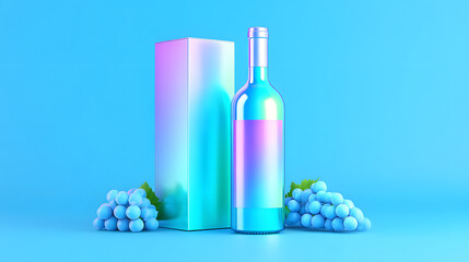 Iridescent wine bottle gradient label holographic packaging pastel grape blue background product mockup modern design reflective glass luxury drink minimalist scene. Iridescent wine bottle