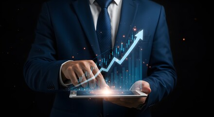 Confident Businessman in Office, Analyzing Financial Data on Digital Screen