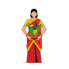 Obraz premium Illustration of a woman in a red sari holding a pot with religious items.