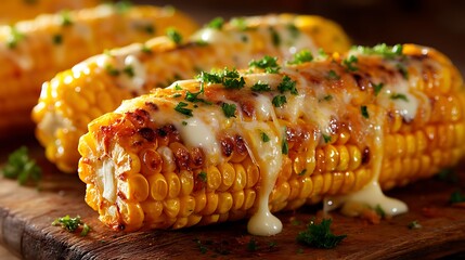 Grilled corn on the cob topped with melted cheese and herbs on a wooden board