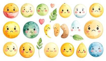 Whimsical Watercolor Emotion Faces Collection on White Background Illustration
