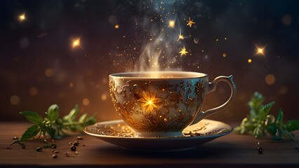 A magical cup of steaming herbal tea with glowing stars and sparkles rising from an ornate, vintage teacup. Fantasy and wellness concept