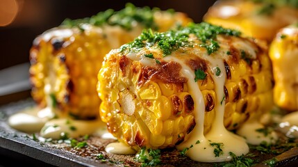 Grilled corn on the cob topped with creamy sauce and herbs, served on a sizzling platter