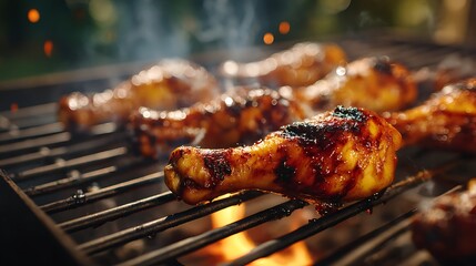 Grilled chicken drumsticks sizzling on a barbecue with smoke and glowing embers in the background