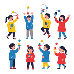 Fototapeta premium Children joyfully playing with a traditional toy, showcasing various poses and expressions.