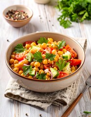 Bowl of vibrant chickpea salad with vegetables