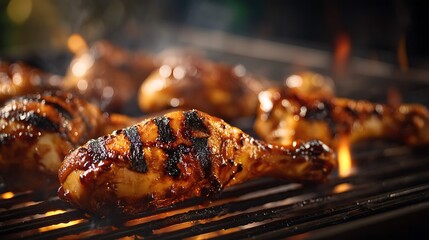 Grilled chicken drumsticks sizzling on a barbecue, surrounded by smoke and flames, evoking summer gatherings