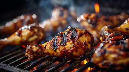 Grilled chicken drumsticks sizzling on a barbecue, surrounded by smoke and glowing embers (1)