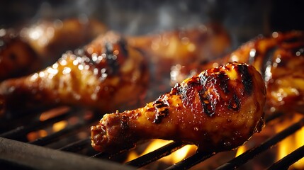 Grilled chicken drumsticks sizzling on a barbecue with smoky background and glowing embers