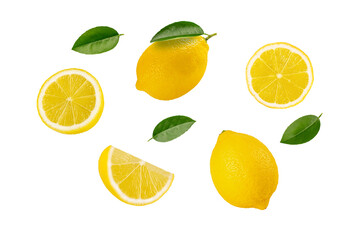 Fototapeta premium collection of lemon with slice and leaves isolated on white background.