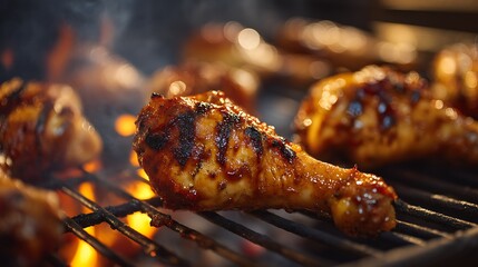 Grilled chicken drumsticks sizzling on a barbecue grill with smoke and flames in the background