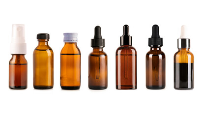 Set of brown medicine bottle and pipette dropper isolated on white background.