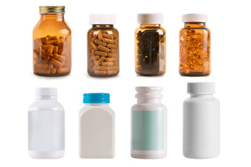 Medicine bottle and pills collection isolated on white background.