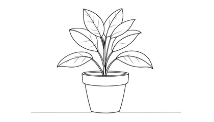Simple black and white drawing of a houseplant in a pot