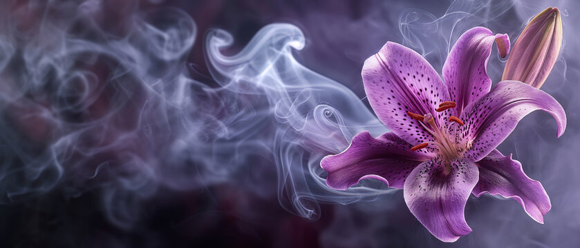 L&iacute;rio roxo diante de fundo m&iacute;stico com fuma&ccedil;a