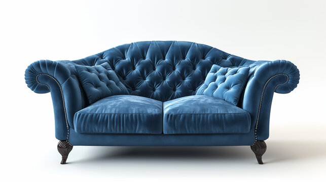 Sof&aacute; azul elegante em fundo branco minimalista