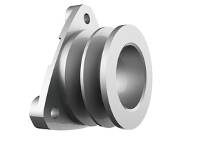 Isolated double groove pulley for industrial power transmission. A detailed 3D render of a heavy-duty metal mechanical component with fastening holes, ideal for automotive and machinery design assets.