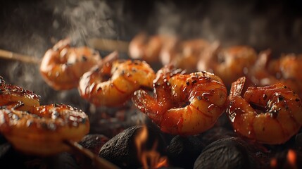 Grilled shrimp skewers sizzling over charcoal, with smoke rising and a warm glow in the background