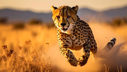 Cheetah sprints at sunset