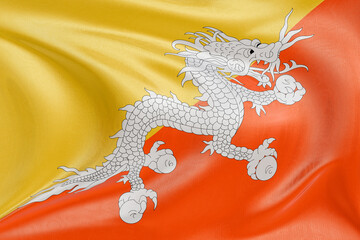 Textured waving flag of Bhutan, elegantly folding and flowing, representing national pride and...
