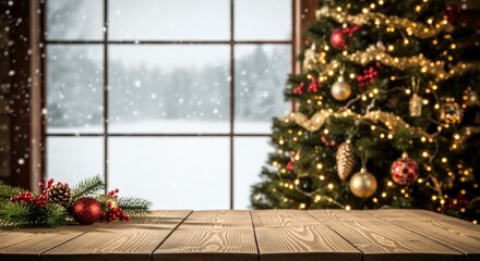A Christmas tree stands by a window with a snowy view and a rustic table