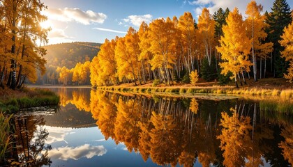 Golden autumn landscape reflecting on a still lake