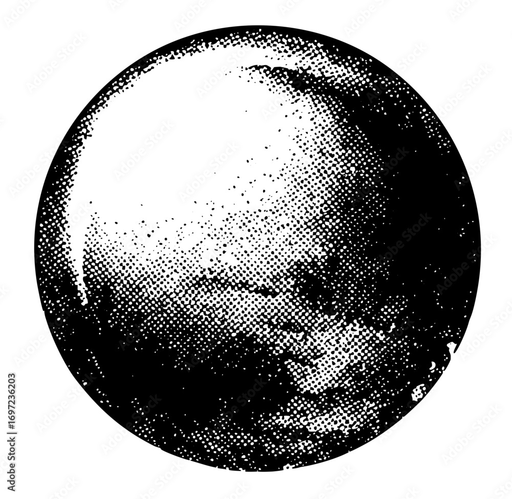 Poster vector halftone portrait of a contemplative face within a circular frame.