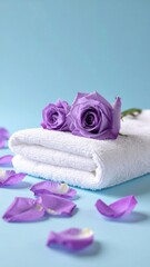 A folded white bath towel rests on a light-blue surface, adorned with two lavender roses and scattered rose petals