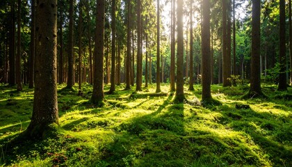 Fototapeta premium Sunlit woodland scene with lush vegetation and towering tree trunks