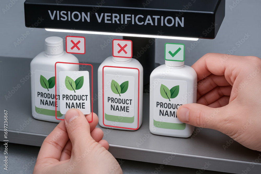 Poster ai processing in production industry improves quality control by verifying product labels with visio